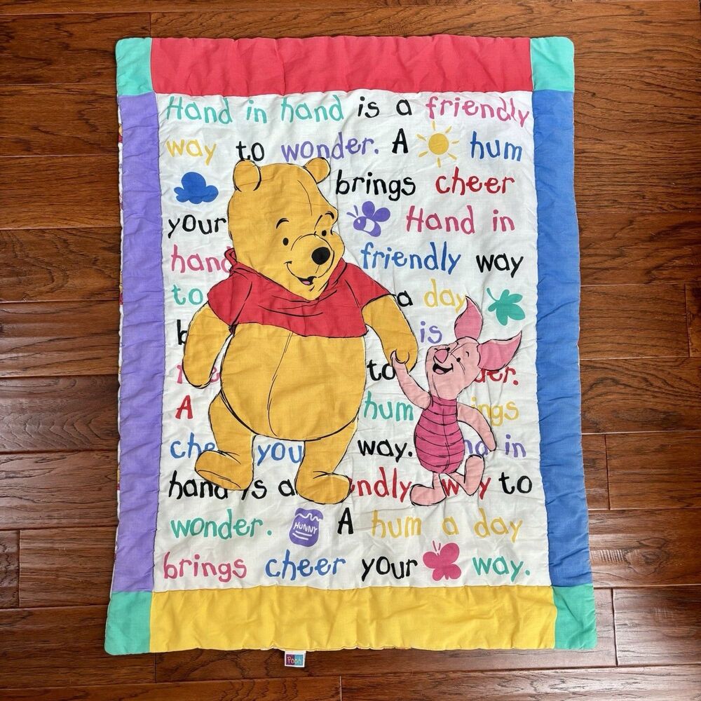 Vtg 1997 Winnie the Pooh Baby Crib Comforter Blanket Piglet Holding Hands 40x30